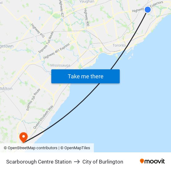 Scarborough Centre Station to City of Burlington map