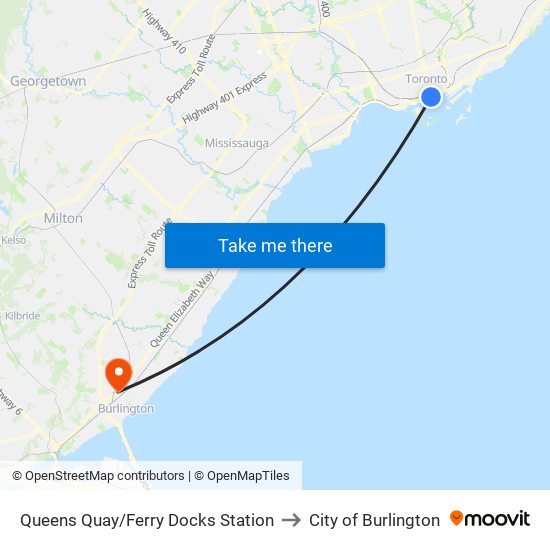 Queens Quay/Ferry Docks Station to City of Burlington map