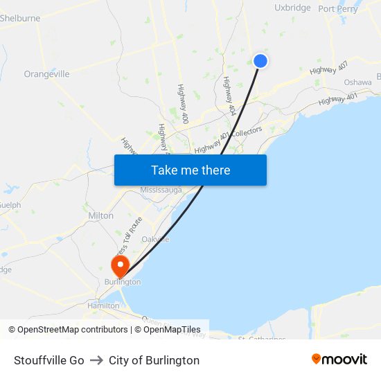 Stouffville Go to City of Burlington map