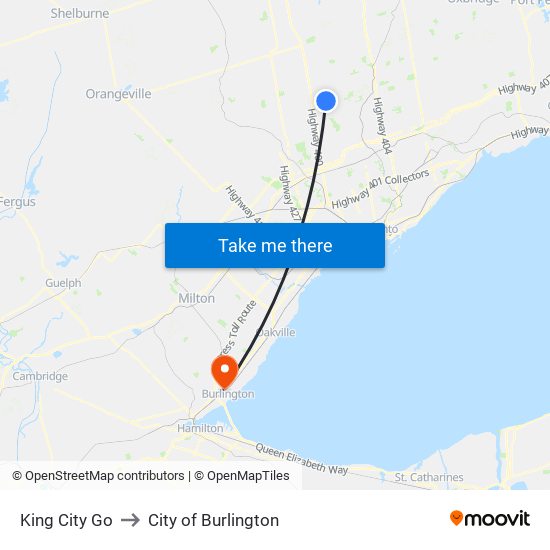 King City Go to City of Burlington map