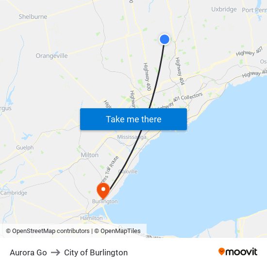 Aurora Go to City of Burlington map