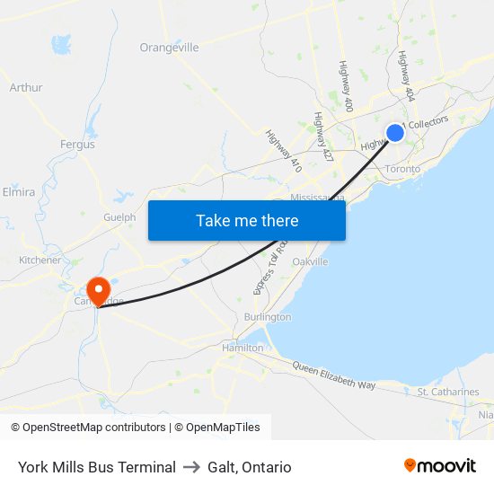 York Mills Bus Terminal to Galt, Ontario map