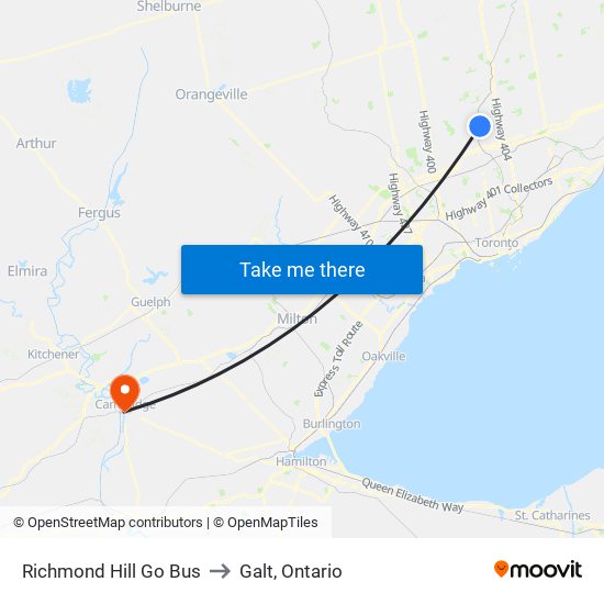 Richmond Hill Go Bus to Galt, Ontario map