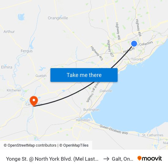 Yonge St. @ North York Blvd. (Mel Lastman Square) to Galt, Ontario map