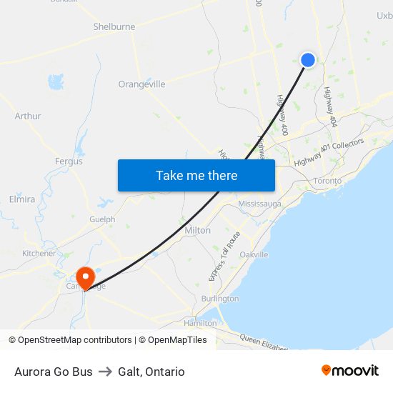 Aurora Go Bus to Galt, Ontario map