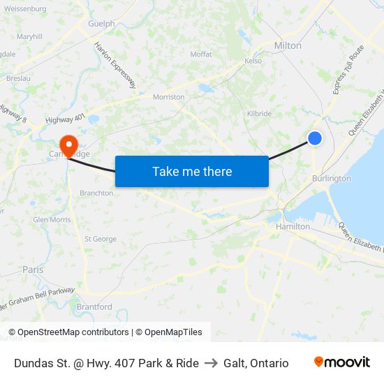 Dundas St. @ Hwy. 407 Park & Ride to Galt, Ontario map
