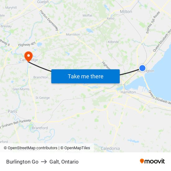 Burlington Go to Galt, Ontario map
