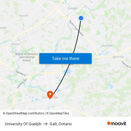 University Of Guelph to Galt, Ontario map