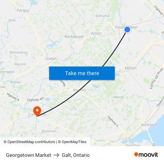 Georgetown Market to Galt, Ontario map