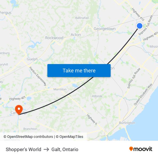 Shopper's World to Galt, Ontario map