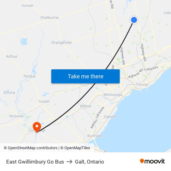 East Gwillimbury Go Bus to Galt, Ontario map