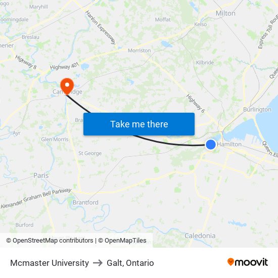 Mcmaster University to Galt, Ontario map