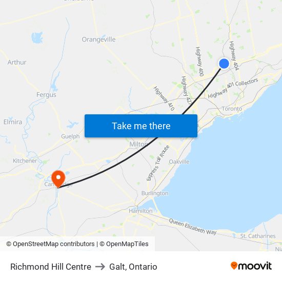 Richmond Hill Centre to Galt, Ontario map