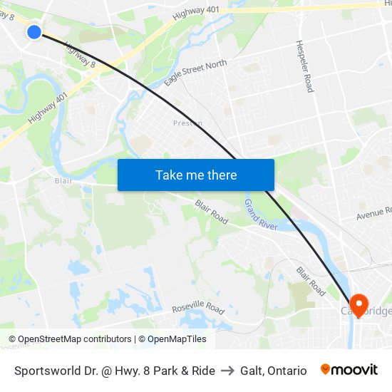 Sportsworld Dr. @ Hwy. 8 Park & Ride to Galt, Ontario map