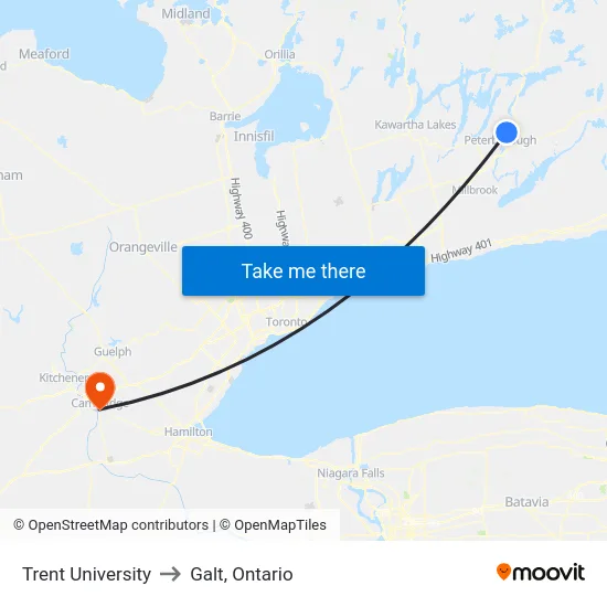 Trent University to Galt, Ontario map