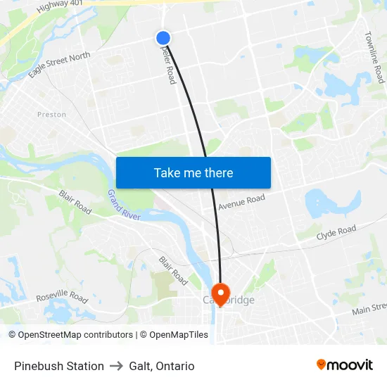 Pinebush Station to Galt, Ontario map