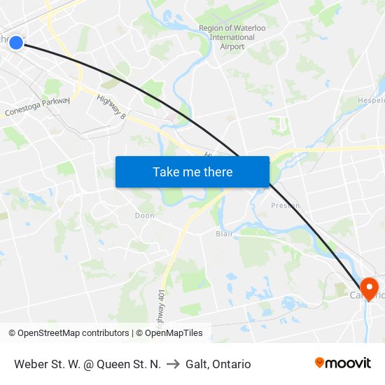 Weber St. W. @ Queen St. N. to Galt, Ontario map