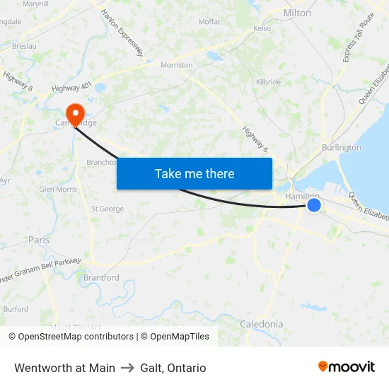 Wentworth at Main to Galt, Ontario map