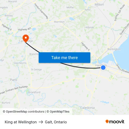 King at Wellington to Galt, Ontario map