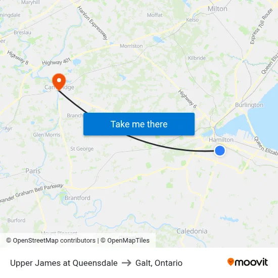 Upper James at Queensdale to Galt, Ontario map