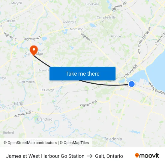 James at West Harbour Go Station to Galt, Ontario map