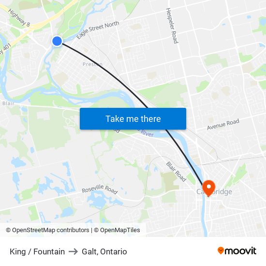 King / Fountain to Galt, Ontario map