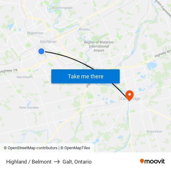 Highland / Belmont to Galt, Ontario map