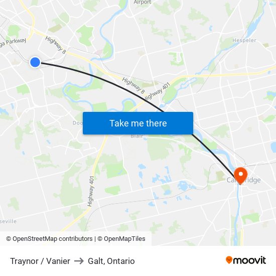 Traynor / Vanier to Galt, Ontario map