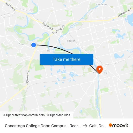 Conestoga College Doon Campus - Recreation Centre to Galt, Ontario map