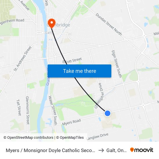 Myers / Monsignor Doyle Catholic Secondary School to Galt, Ontario map