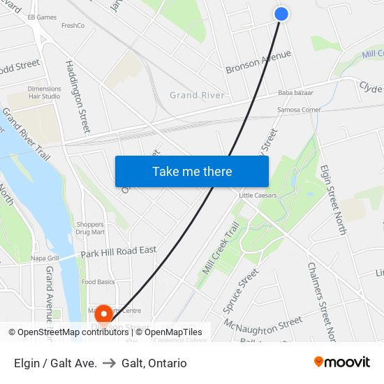 Elgin / Galt Ave. to Galt, Ontario map