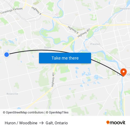 Huron / Woodbine to Galt, Ontario map