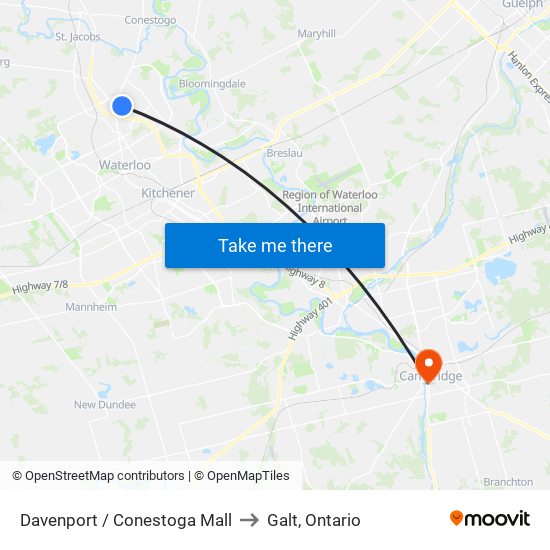 Davenport / Conestoga Mall to Galt, Ontario map