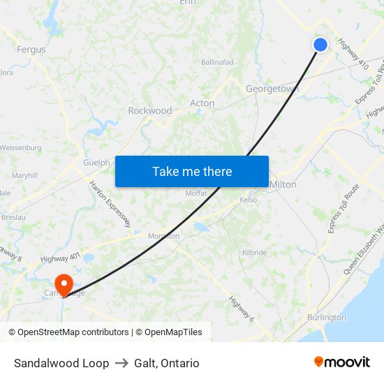 Sandalwood Loop to Galt, Ontario map