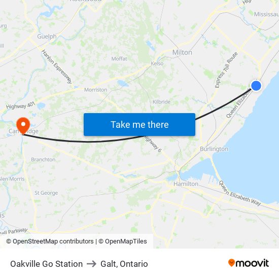 Oakville Go Station to Galt, Ontario map