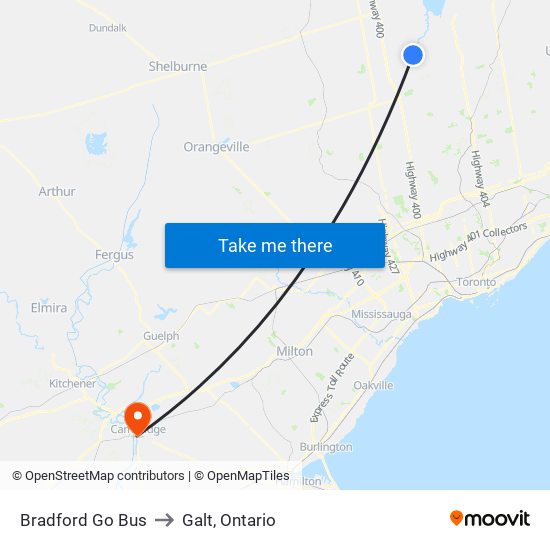 Bradford Go Bus to Galt, Ontario map