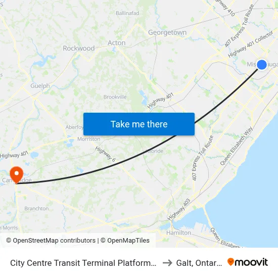 City Centre Transit Terminal Platform A to Galt, Ontario map