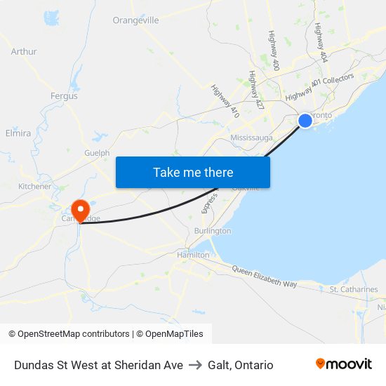 Dundas St West at Sheridan Ave to Galt, Ontario map