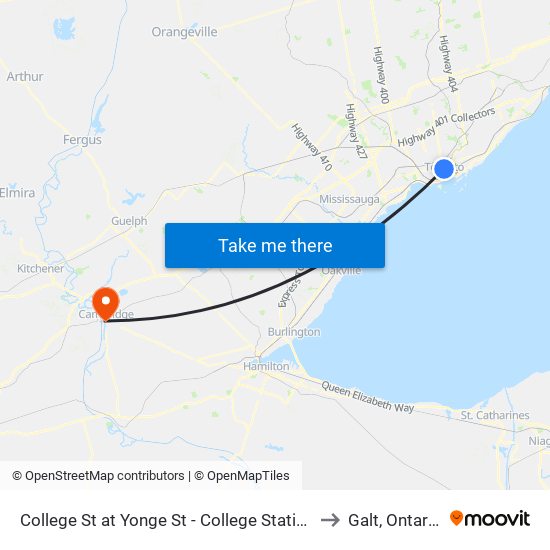 College St at Yonge St - College Station to Galt, Ontario map