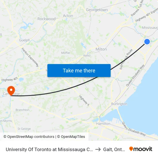University Of Toronto at Mississauga Campus to Galt, Ontario map