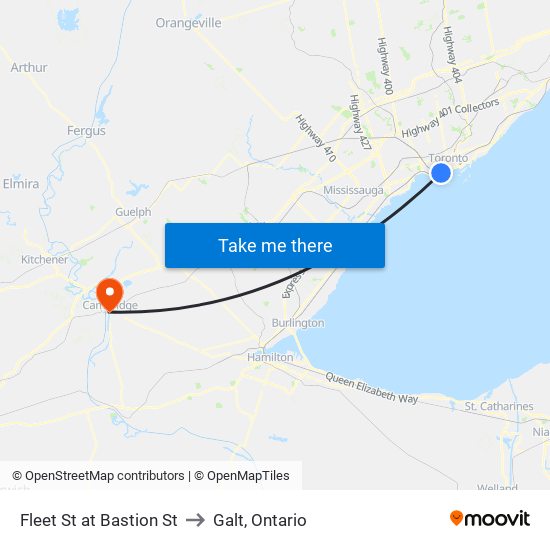 Fleet St at Bastion St to Galt, Ontario map