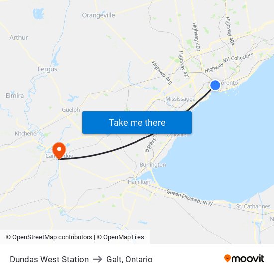 Dundas West Station to Galt, Ontario map