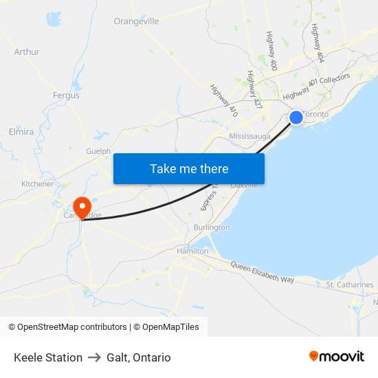 Keele Station to Galt, Ontario map