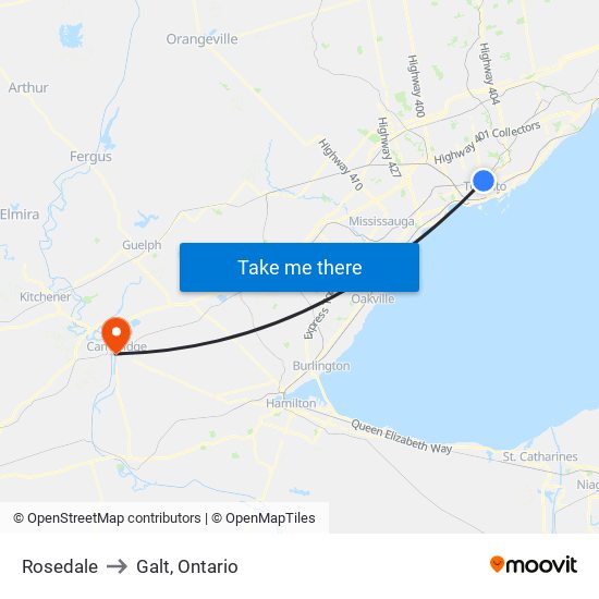 Rosedale to Galt, Ontario map