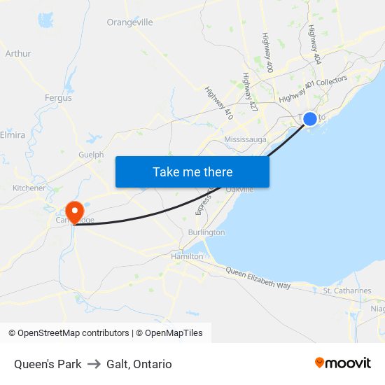 Queen's Park to Galt, Ontario map