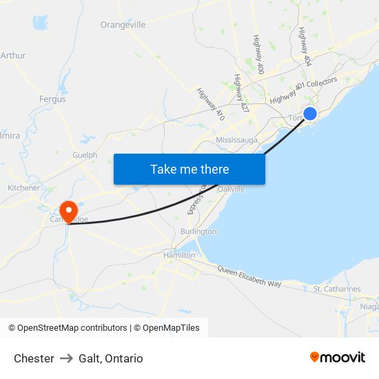 Chester to Galt, Ontario map