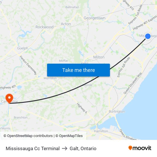 Mississauga Cc Terminal to Galt, Ontario map