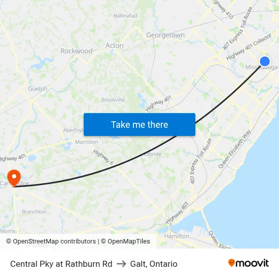 Central Pky at Rathburn Rd to Galt, Ontario map