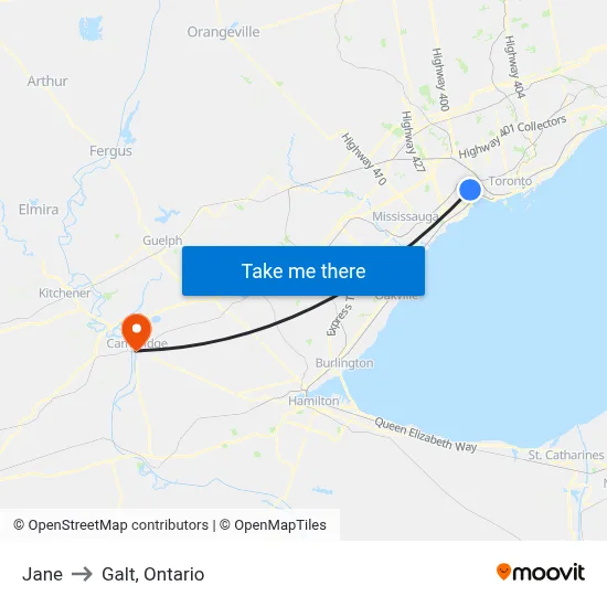 Jane to Galt, Ontario map