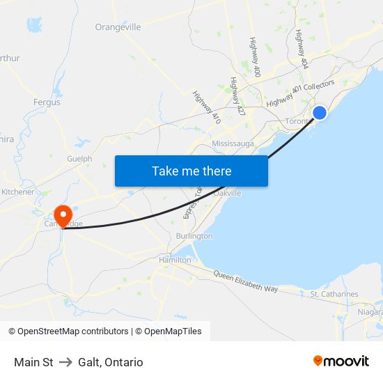 Main St to Galt, Ontario map